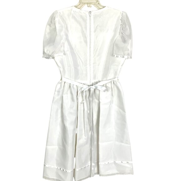Girls White Organdy Formal Dress 8 Pearl Trim Rosette Detail Wedding Communion - Picture 6 of 12